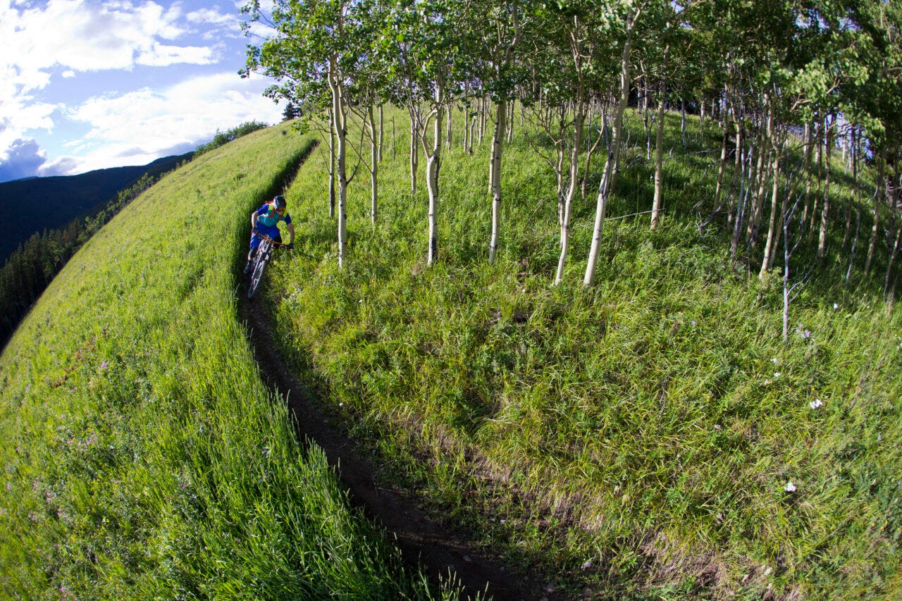 A man rides down a singletrack trail on his enduro-style mountain bike. He wears a cycling helmet, kneepads and carries a backpack.