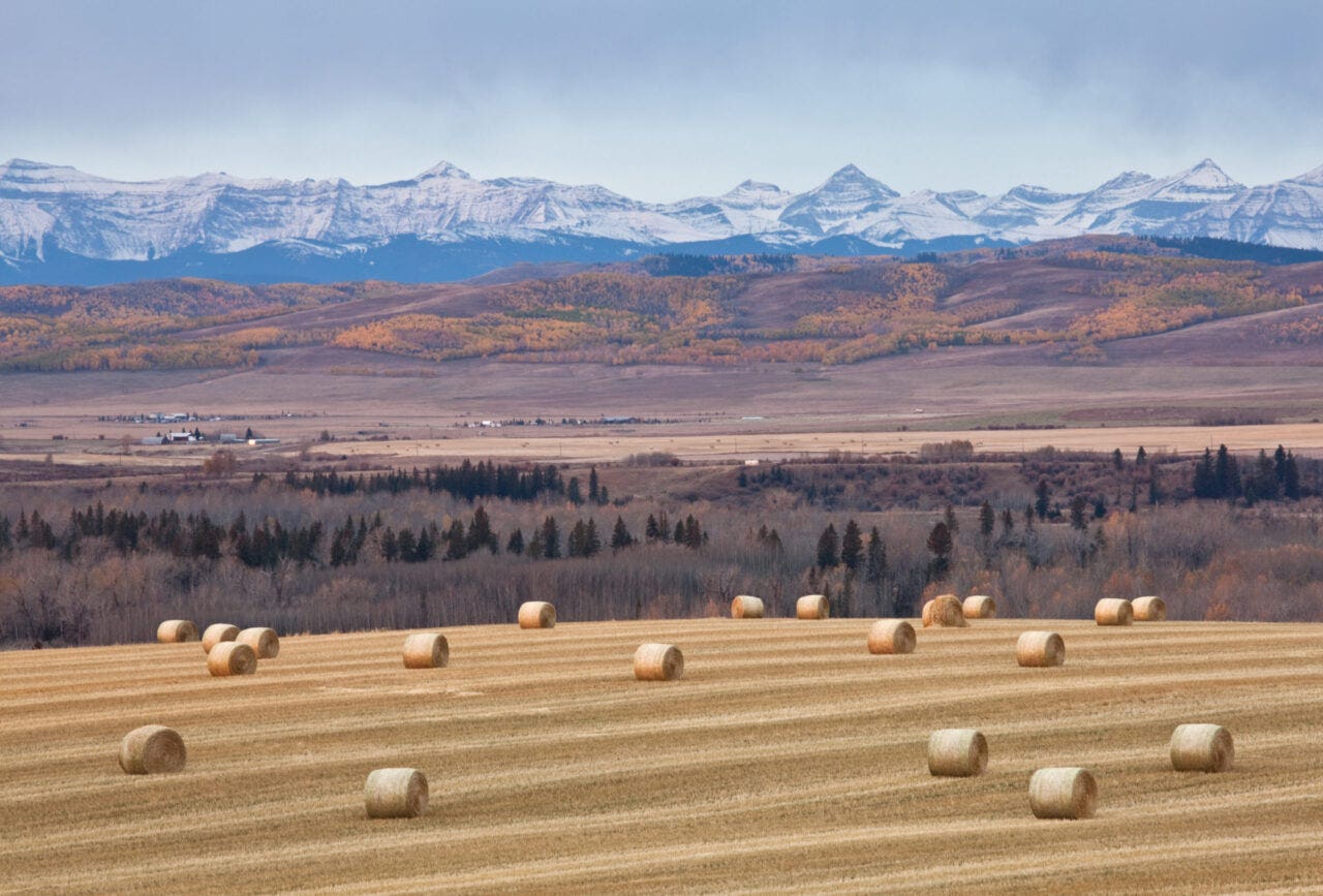 A beautiful scenic of Alberta. Foothills and hay bales near Okotoks. Southern Alberta landscape. Rocky Mountains in the distance.