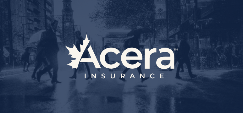 Acera Insurance logo over top of an image of people walking in the street