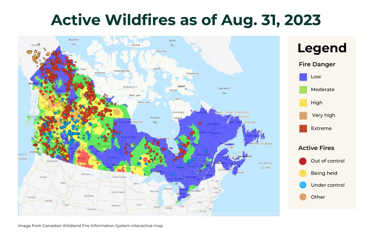 A graphic showing active wildfires in Canada as of August 31, 2023.