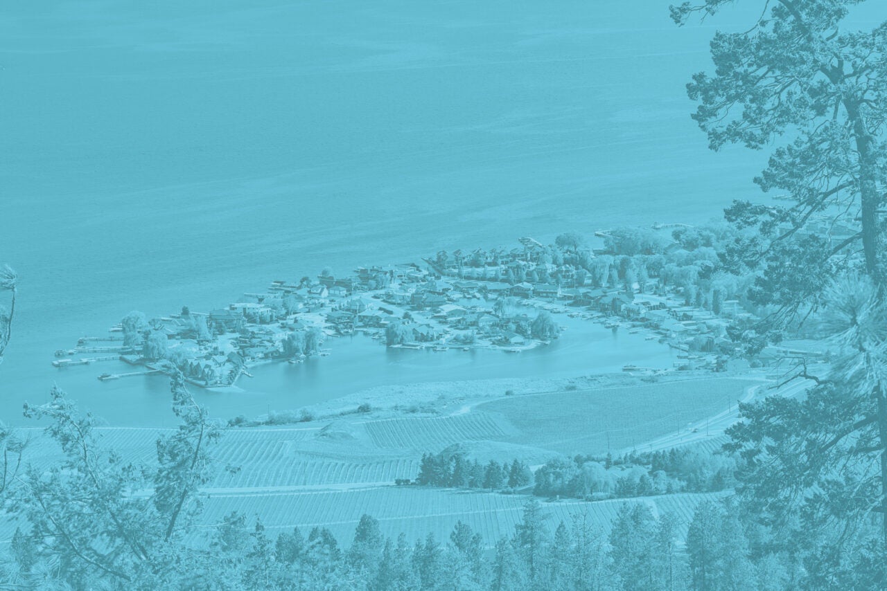 Aerial view of a small lakeside community in the okanagan