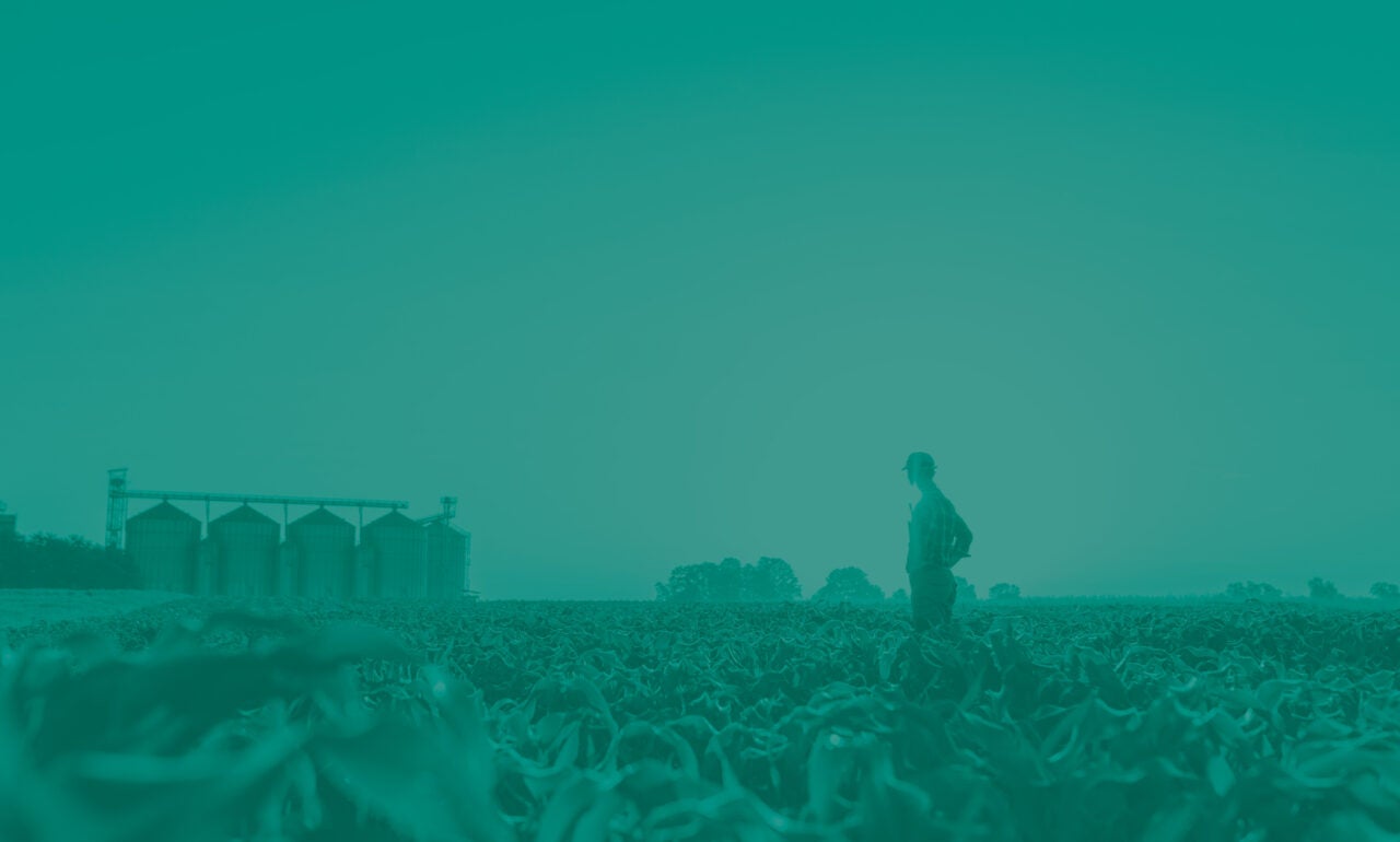 a farmer working with an emerald green image overlay