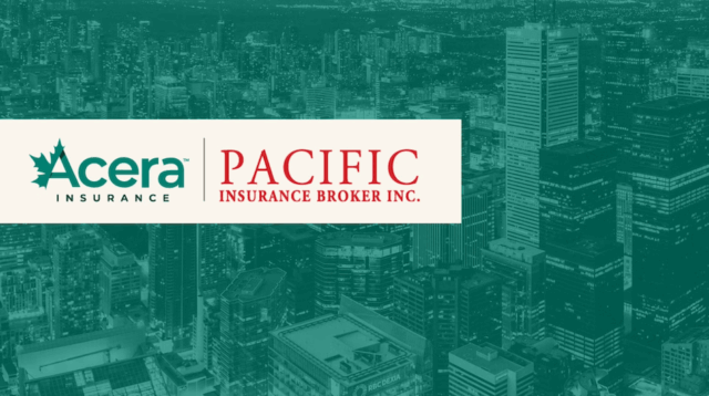 pacific insurance brokers and acera logos, on a background image of city skyscrapers with an emerald green overlay