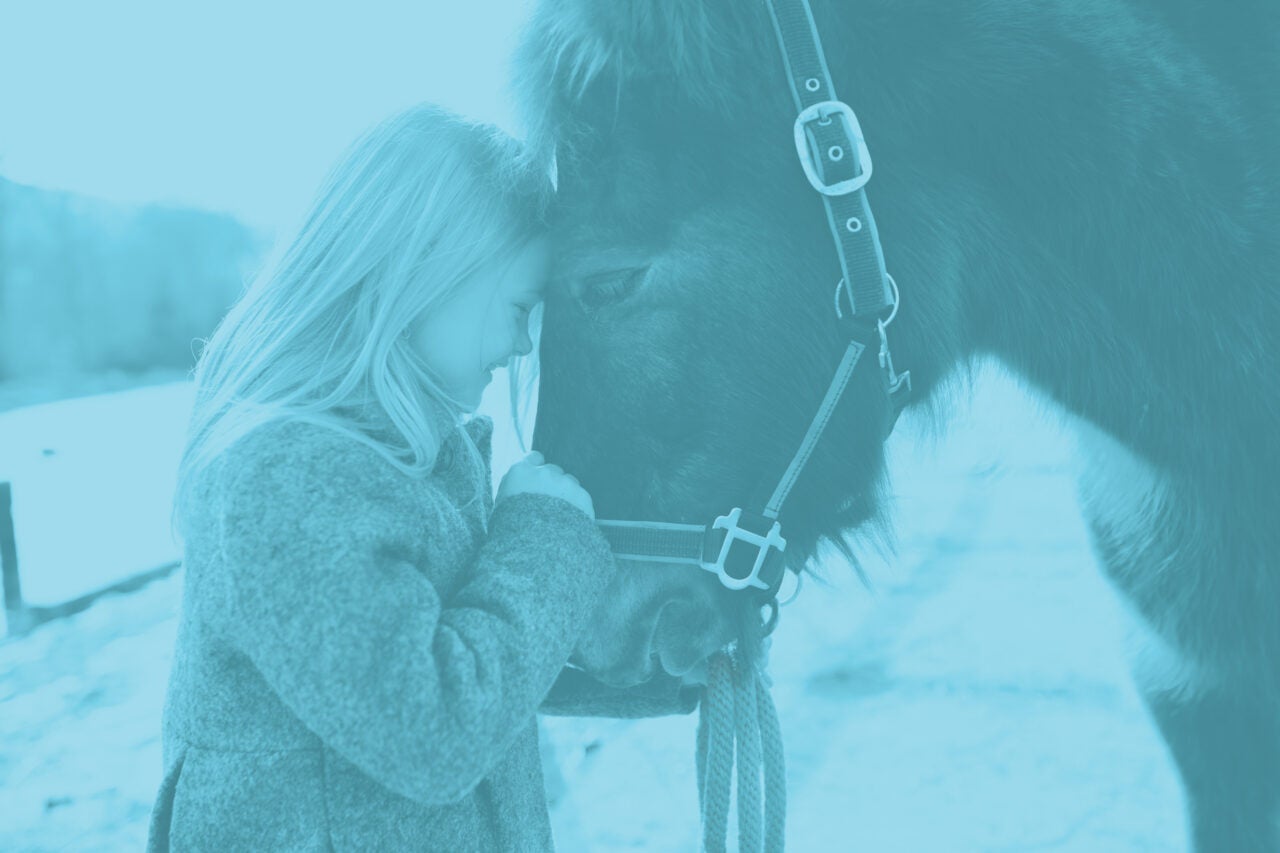 Young girl smiling with her face pressed against the face of a horse