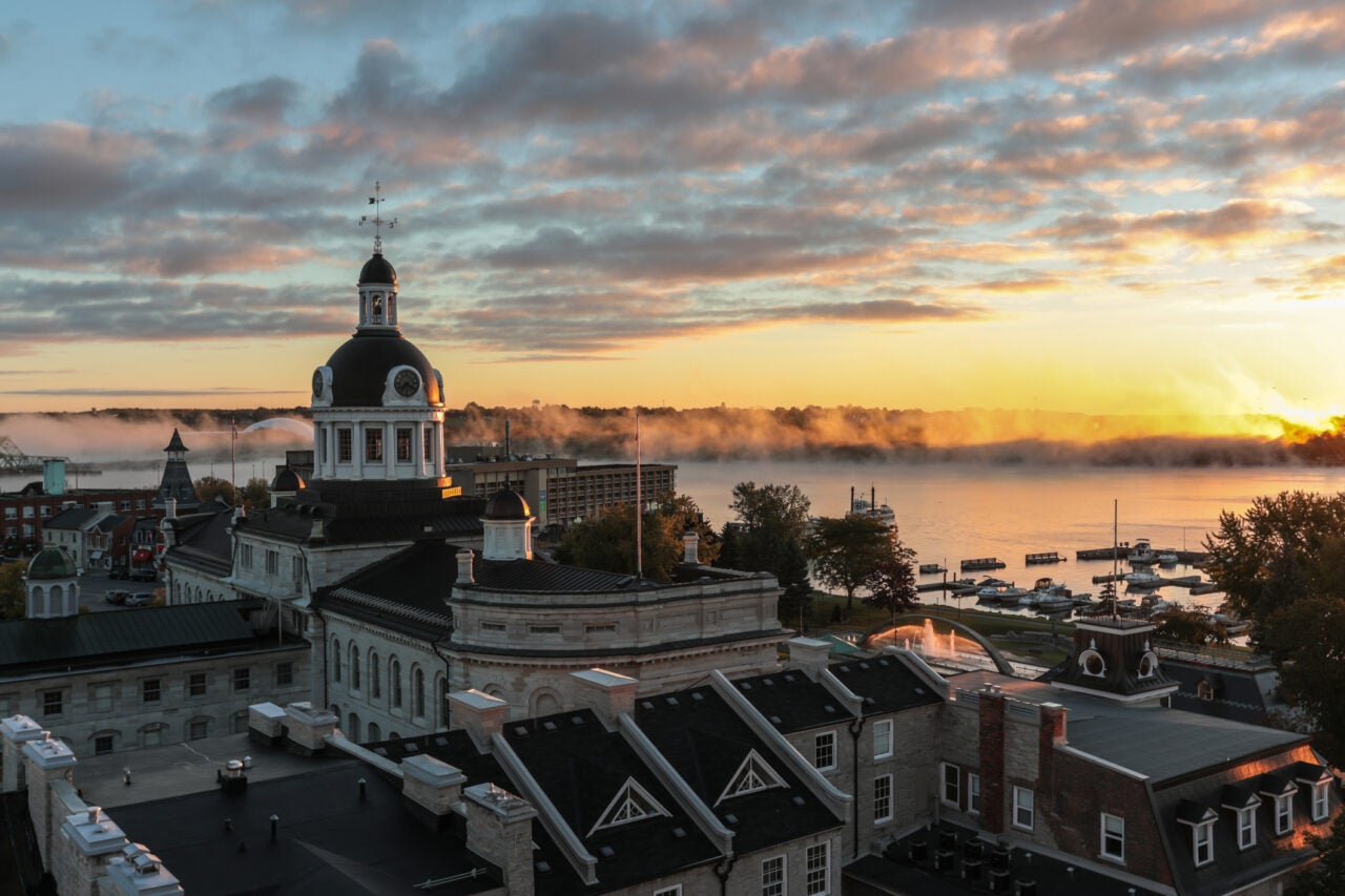 DSLR picture of the cityscape and the city hall of Kingston, Ontario and sunrise.