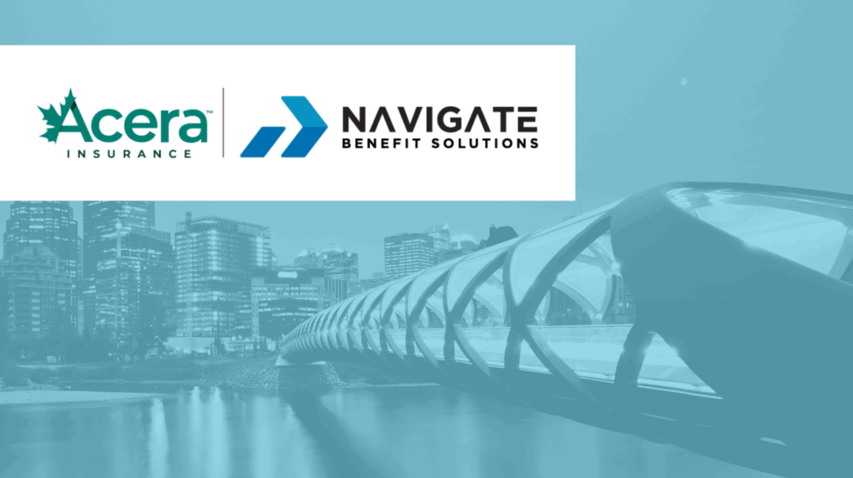 Logos of Acera Insurance and Navigate Benefit Solutions are displayed side by side above a teal-tinted image of Calgary's skyline and the Peace Bridge, representing a partnership between the two firms.