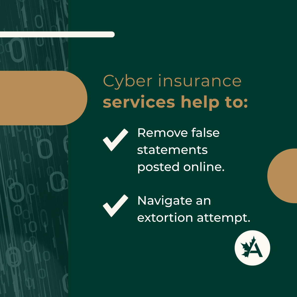 A digital graphic with a dark green background and a vertical stream of binary code (0s and 1s) on the left. The headline reads: “Cyber insurance services help to:” with “services help to:” bolded in tan. Below are two white check marks with corresponding benefits in white text: “Remove false statements posted online” and “Navigate an extortion attempt.” A tan horizontal shape appears on the left, with a tan circle on the right. The Acera Insurance logo—a white circle with a stylized maple leaf and the letter “A”—is located in the bottom right.