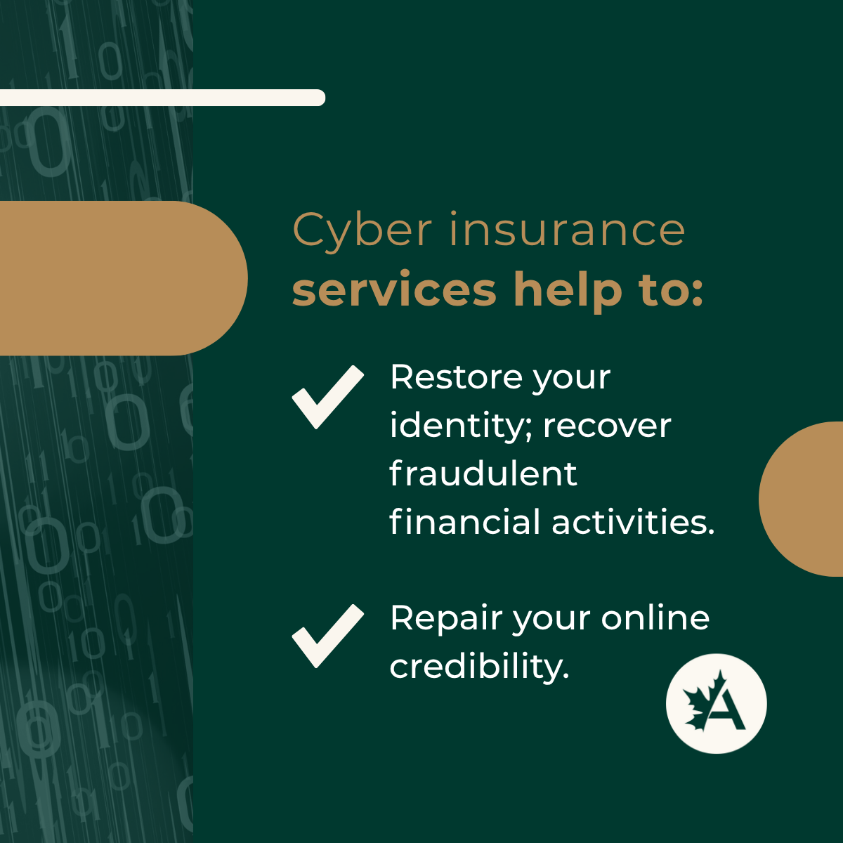A digital graphic with a dark green background and a vertical strip of binary code (0s and 1s) on the left. The headline reads: “Cyber insurance services help to:” with “services help to:” bolded in tan. Below are two white check marks with accompanying text in white: “Restore your identity; recover fraudulent financial activities” and “Repair your online credibility.” A tan horizontal shape and circular accent decorate the left and right sides, respectively. The Acera Insurance logo—a white circle with a maple leaf and the letter “A”—is placed in the bottom right.