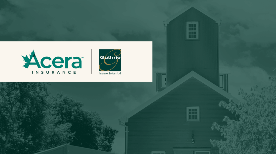 Green-tinted photo of a barn-style building with a steep roof and multiple windows, set against a backdrop of trees and clouds. A white overlay in the foreground displays two logos: 'Acera Insurance' with a stylized maple leaf, and 'Guthrie Insurance Brokers Ltd.' with an abstract design—signifying Acera Insurance’s acquisition of Guthrie Insurance.