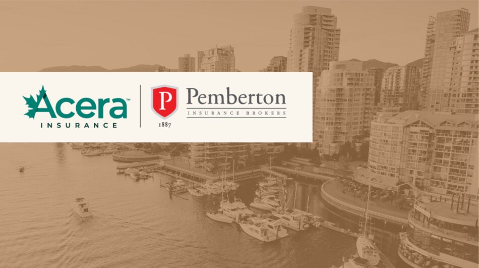Sepia-toned waterfront cityscape with boats docked at a marina and high-rise buildings in the background. Overlaid logos include Acera Insurance with a green maple leaf, and Pemberton Insurance Brokers with a red shield and the year 1887.