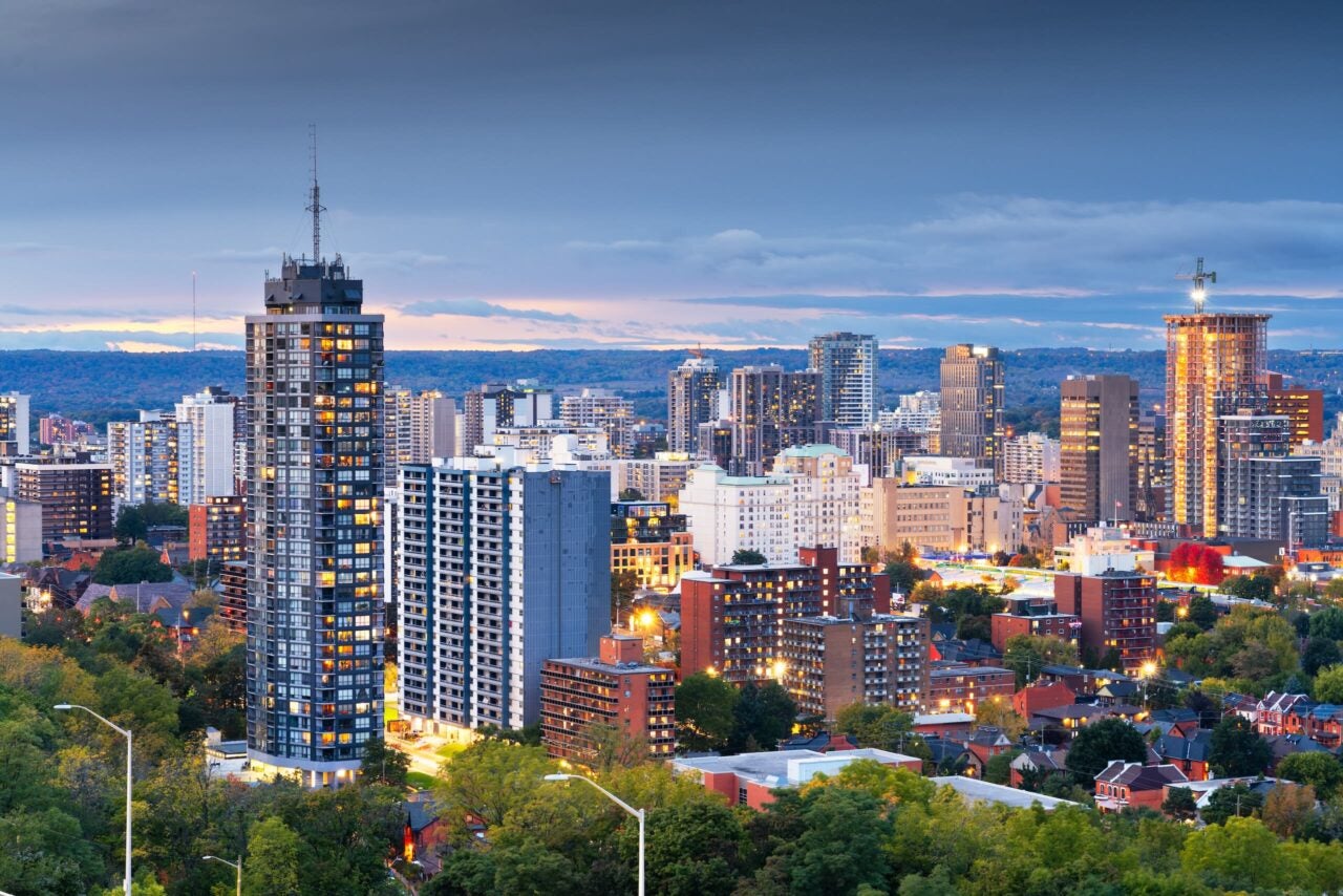 Hamilton, Ontario, Canada downtown city skyline at blue hour.