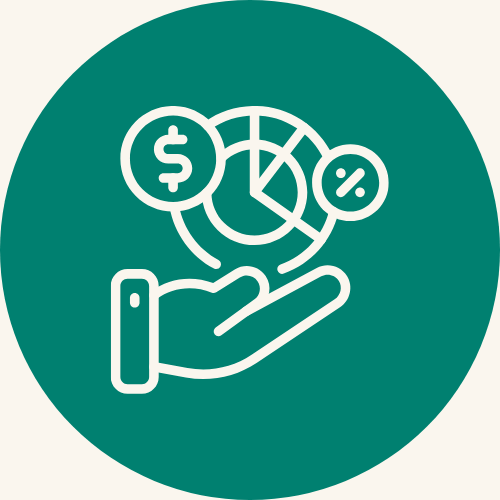 Icon with a hand, pie chart, dollar symbol and percentage representing institutional investors