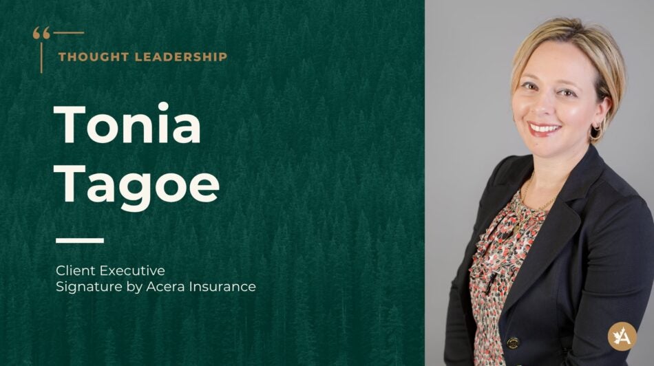 Graphic with green background text: “Thought Leadership – Tonia Tagoe, Client Executive, Signature by Acera Insurance.” Right side shows person in a dark blazer and patterned blouse against a gray background with Acera Insurance logo at bottom.