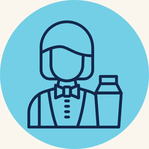 Bartender icon: person with bow tie and apron holding a bottle, in a blue circle.
