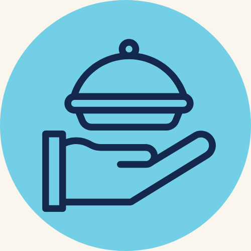 Catering icon: hand holding a covered serving tray inside a blue circle.
