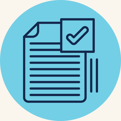 Insurance icon: document with text and a checkmark page inside a blue circle.
