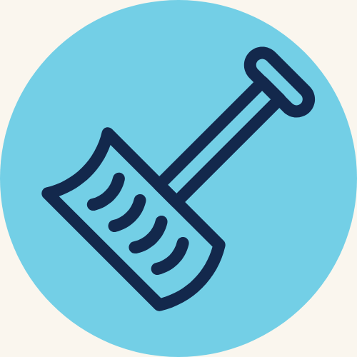 Snow shovel icon inside a blue circle.