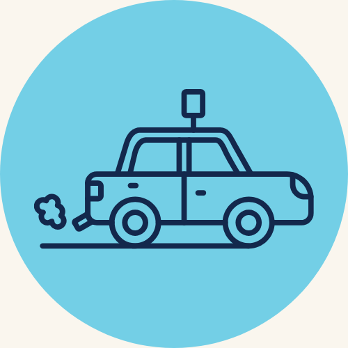 Taxi icon: car with roof sign and exhaust inside a blue circle.
