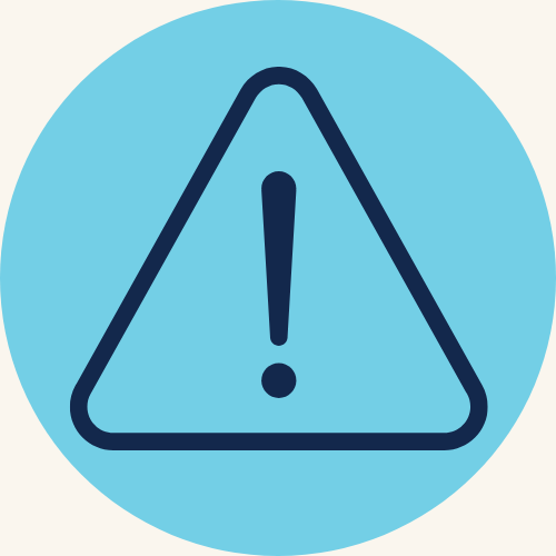 Warning icon: triangle with exclamation mark inside a blue circle.