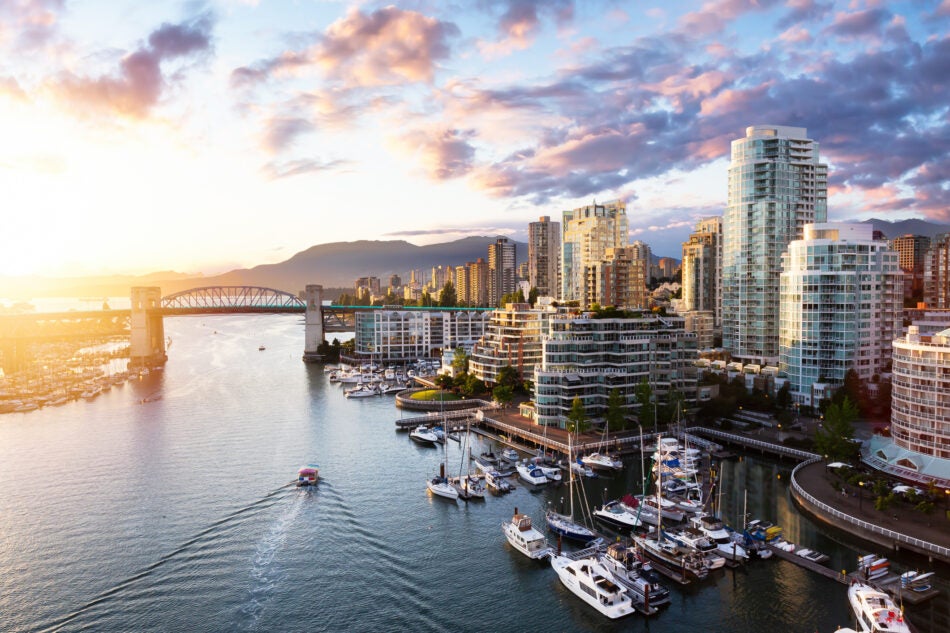 Aerial view of False Creek, downtown Vancouver, BC.