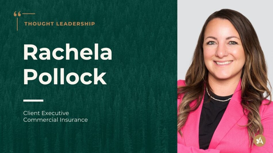 Graphic with green background text: “Thought Leadership – Rachela Pollock, Client Executive, Commercial Insurance” Right side shows person in a pink blazer and black shirt against a gray background with Acera Insurance logo at bottom.