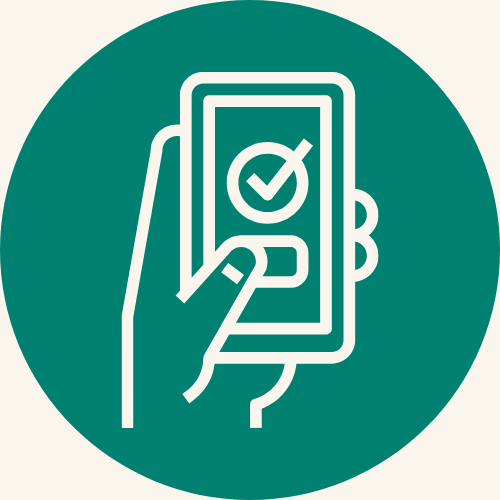 Icon showing hand holding a cell phone and a check mark to represent digital check-in and smart keys