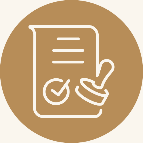 An icon showing a paper, a stamp and checkmark to represent insurance policies