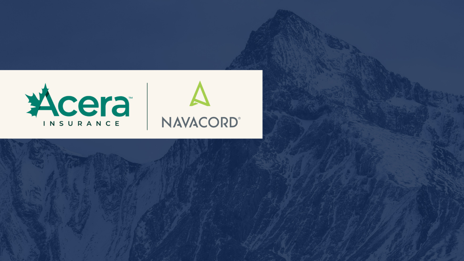 Acera Insurance and Navacord logos displayed side by side on a white rectangular banner, set against a dark blue, snowy mountain background.