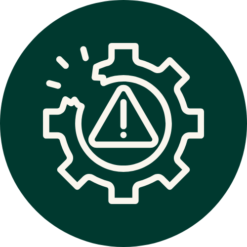 Gear icon with an exclamation warning symbol, indicating a cyberattack.