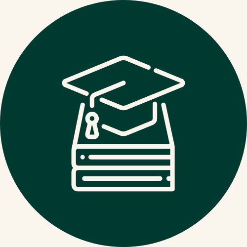 An icon with a graduate cap and books representing a university student living away from home