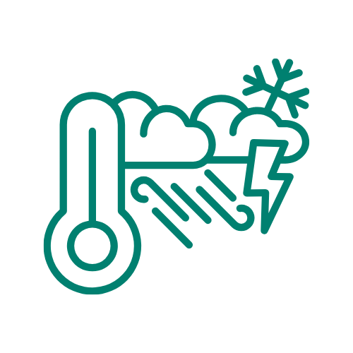 Icon with clouds, snow, lightning, wind and a thermometer to represent severe weather
