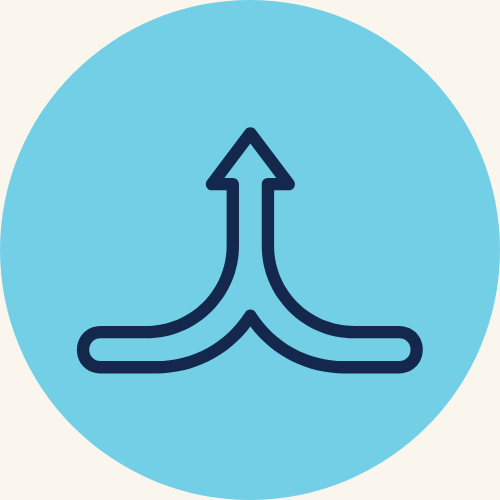 an icon showing two paths merging to represent mergers, restructurings and market exits